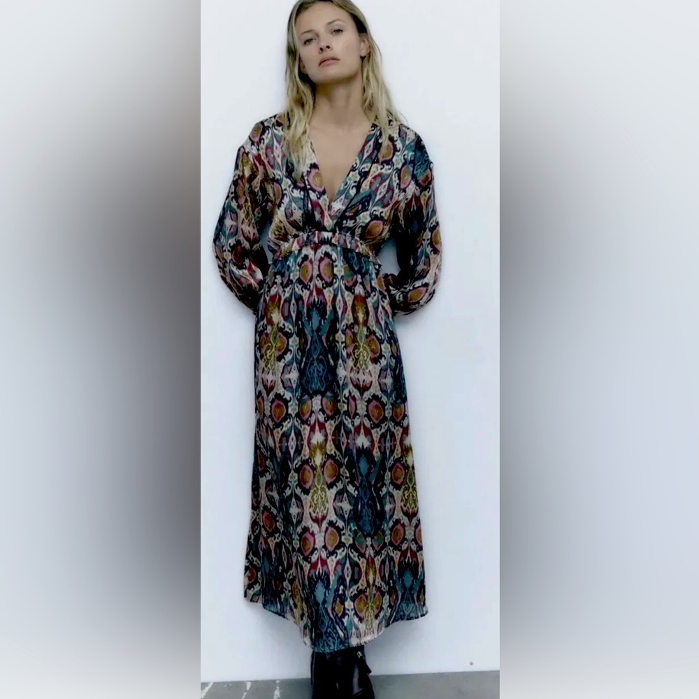ZARA Sz L V-Neck Waist Ruffle Balloon Sleeve Maxi Length Dress New with  Tag